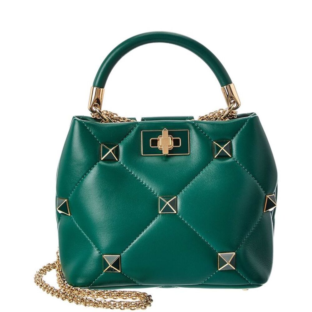 Valentino Roman Stud The Handle Small Leather Shoulder Bag, Green